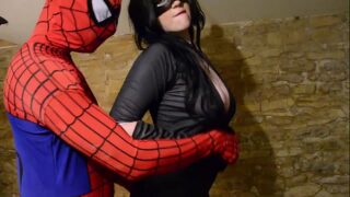 Busty Cosplay Catwoman takes spiderman web