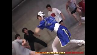 Chun-Li Cosplay Japanese Babe groped in huge bukkake gangbang